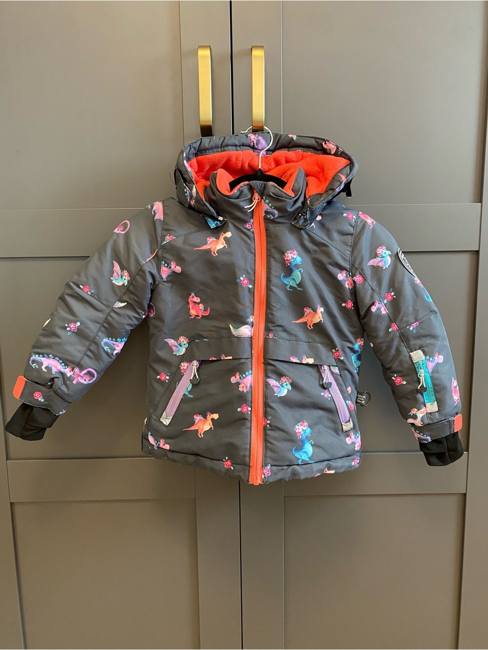 Deux par Deux Kids Jacket with Orange Lining and Multicolor Dinosaur Print